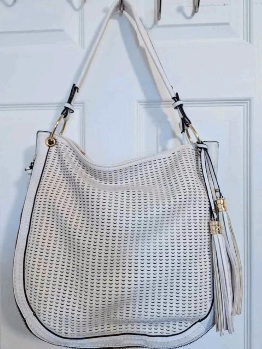 White Perforated Hobo Bag with Tassel